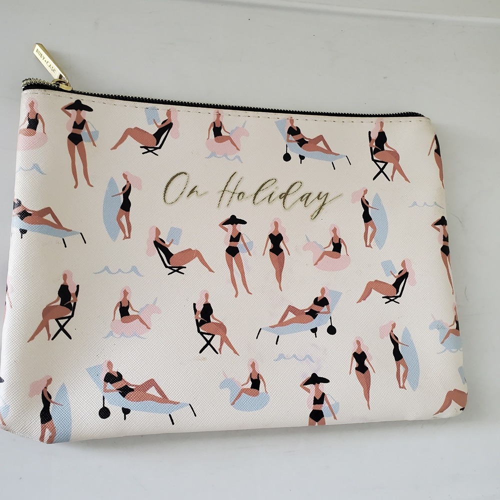 Ruby + Cash On Holiday Beach Print Makeup Bag Pouch Cream Gold Zipper